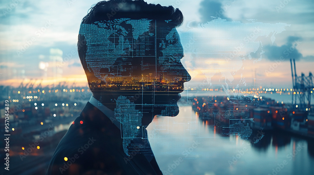 Double exposure Businessman invests in cybersecurity measures to protect sensitive international shipping data. Double exposure Businessman invests in cybersecurity measures to protect sensitive international shipping data.