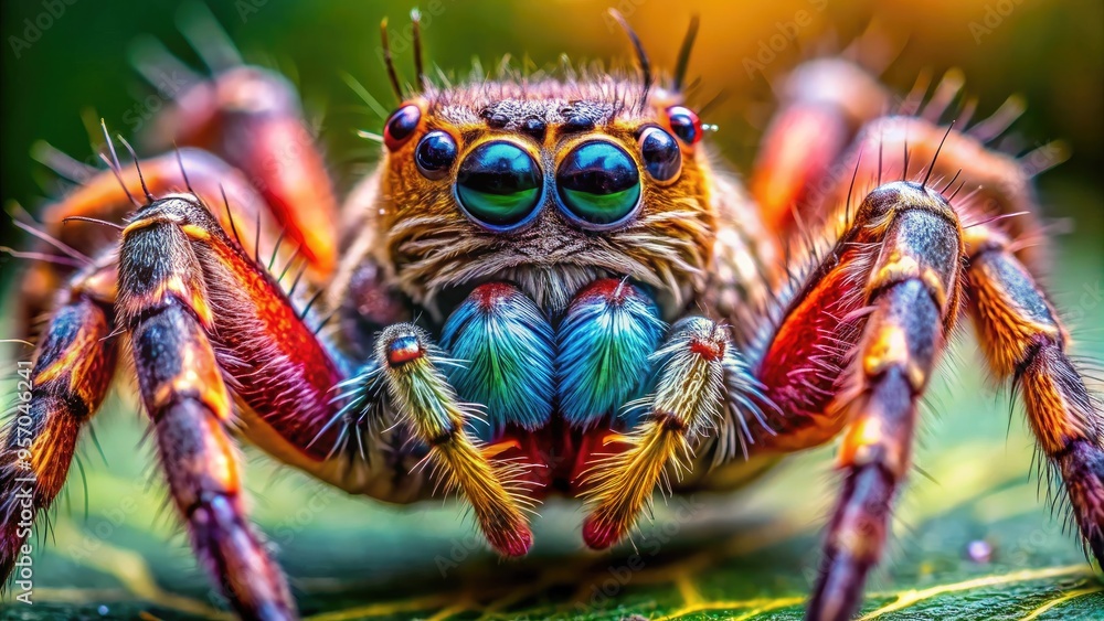 Highly detailed macro shot of a spider's intricate eight-legged body, showcasing vibrant colors and delicate textures on its abdomen and articulated legs. Highly detailed macro shot of a spider's intricate eight-legged body, showcasing vibrant colors and delicate textures on its abdomen and articulated legs.