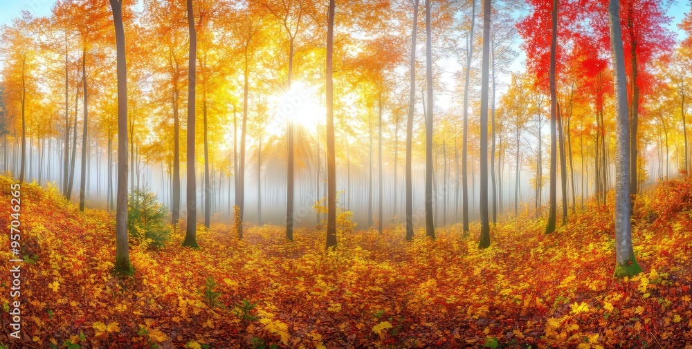 A golden forest in autumn with enchanting sun rays falling through the mist. Autumnal colors of deciduous trees in vibrant hues. A golden forest in autumn with enchanting sun rays falling through the mist. Autumnal colors of deciduous trees in vibrant hues.