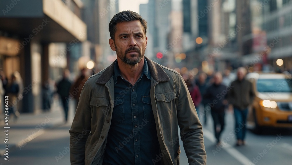 Man walking down a city street with a blurred background, emphasizing motion. Man walking down a city street with a blurred background, emphasizing motion.