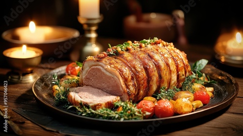 Succulent roasted meat served on a platter with fresh herbs and vibrant vegetables, perfect for a festive meal setting.