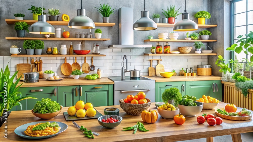 Vibrant and modern kitchen setup with healthy food, utensils, and design elements, showcasing a stylish and balanced approach to nutrition and healthy living. Vibrant and modern kitchen setup with healthy food, utensils, and design elements, showcasing a stylish and balanced approach to nutrition and healthy living.