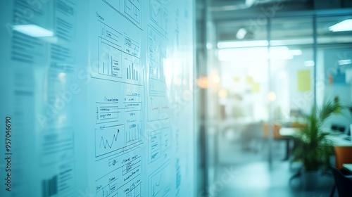 Modern office space featuring informative presentation on glass wall, showcasing various data visualizations and analyses.