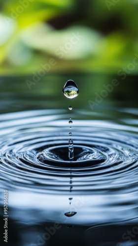 A drop of water falling into a large body of water. The water is calm and still, with no ripples or waves. The drop of water is the only thing moving in the scene, creating a sense of stillness