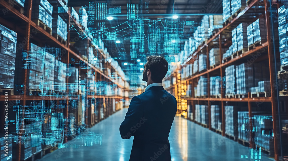 Double exposure Businessman uses big data analytics to forecast demand and manage inventory efficiently.