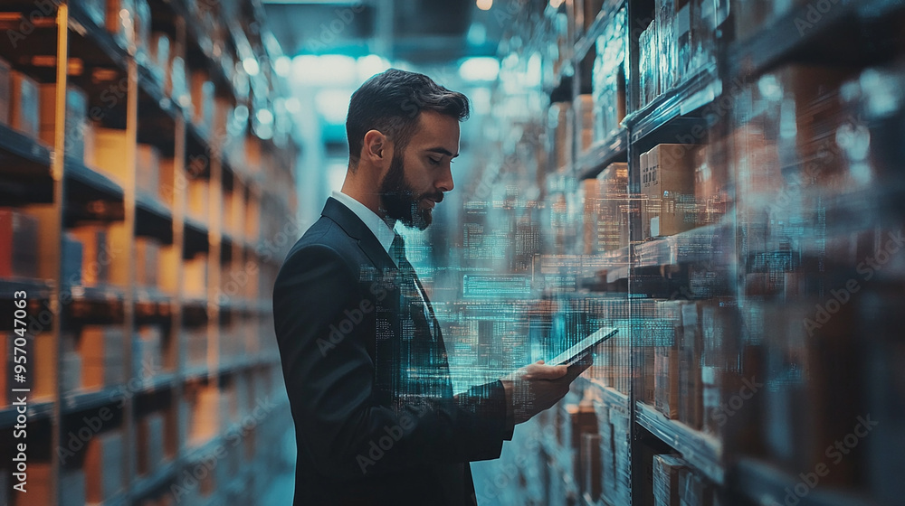 Double exposure Businessman uses big data analytics to forecast demand and manage inventory efficiently.