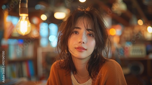 A woman with long brown hair is sitting in a library