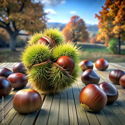 A 3D illustration of a Chinese parasol tree with prickly green burrs and glistening brown chestnuts. photo