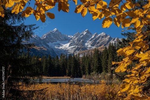 Landscape of the Tatra mountains, Polish and Slovakian autumn, looking up the Lapszanka pass, illuminated by the golden autumn light photo