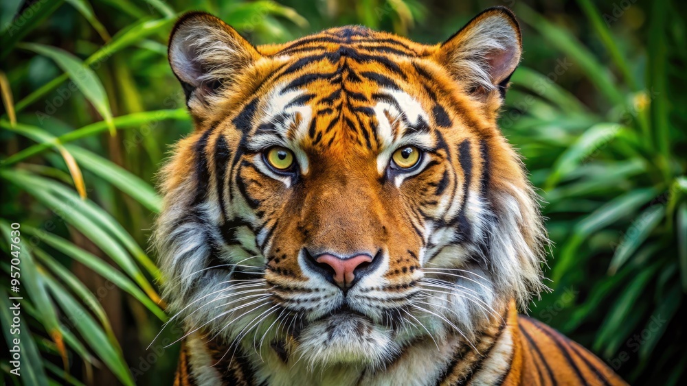 Obraz premium Intense gaze of a majestic Bengal tiger's golden eyes, with intricate details and whisker-like eyelashes, set against a blurred green forest background.