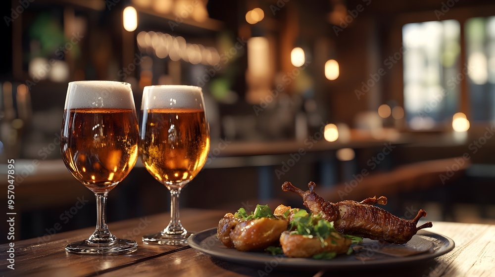 A rustic pub atmosphere with warm wood tones and 3D-rendered craft beer pints served with gourmet quail A rustic pub atmosphere with warm wood tones and 3D-rendered craft beer pints served with gourmet quail