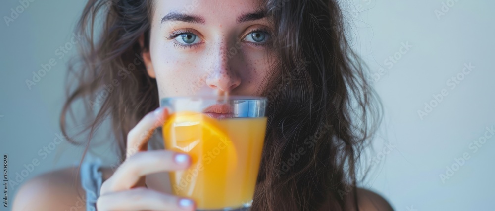 A young woman with captivating blue eyes is holding a glass of orange juice, creating a serene and refreshing portrait against a soft background. A young woman with captivating blue eyes is holding a glass of orange juice, creating a serene and refreshing portrait against a soft background.