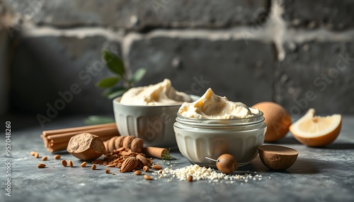 diy body butter with ingrdients on concrete background isolated with white highlights, png photo