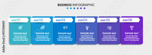 Business vector infographic design template with icons and 6 options or steps. Can be used for process diagram, presentations, workflow layout, banner, flow chart, info graph