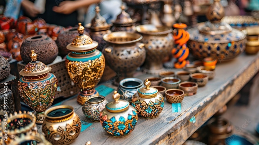 An array of colorful and intricate handmade ceramic pottery items including vases bowls and decorative pieces showcased at a lively local market or bazaar setting An array of colorful and intricate handmade ceramic pottery items including vases bowls and decorative pieces showcased at a lively local market or bazaar setting