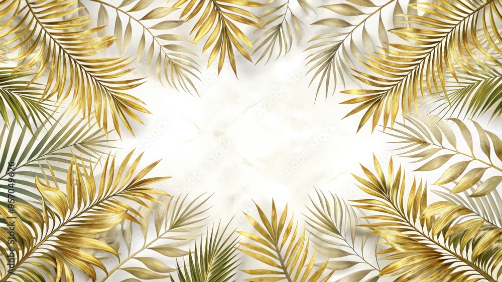 Naklejka premium Intricate golden palm leaf border frames a serene white background, adorned with delicate patterns and subtle textures, evoking a sense of elegance and tropical sophistication.