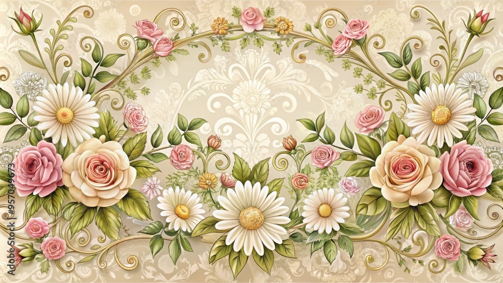 Fototapeta Intricate, hand-drawn floral border featuring a delicate bouquet of roses, daisies, and leaves, surrounded by ornate filigree and ornamental scrollwork on a soft, creamy background.