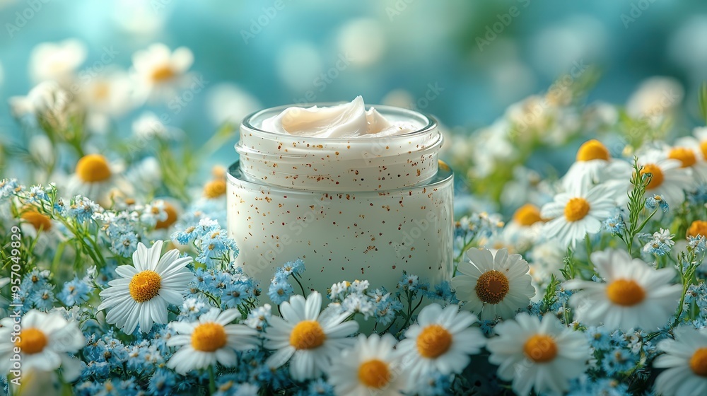 luxurious glass jar of organic face cream nestled among fresh chamomile flowers exuding natural beauty and skincare indulgence on a serene blue backdrop luxurious glass jar of organic face cream nestled among fresh chamomile flowers exuding natural beauty and skincare indulgence on a serene blue backdrop