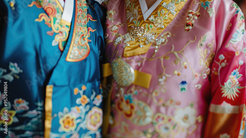 Traditional Korean Hanbok Attire with Intricate Embroidery and Vibrant Colors