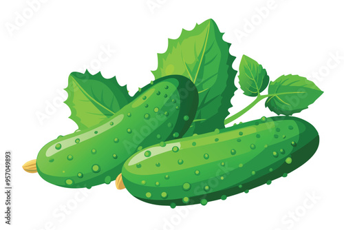 Vector Freshly salted crispy cucumbers with leaves, isolated on white background