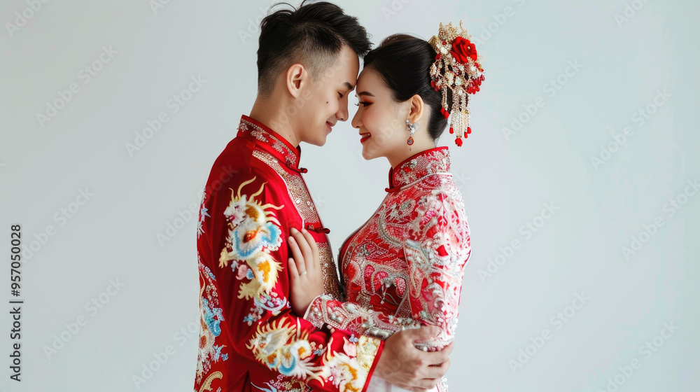 Traditional Asian Couple in Elegant Red Wedding Attire Embracing Against a Minimalist Background Traditional Asian Couple in Elegant Red Wedding Attire Embracing Against a Minimalist Background