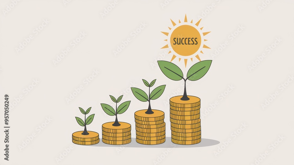 A graphic representation of coins with growing plants, symbolizing financial growth and success, highlighted by a sun with the word A graphic representation of coins with growing plants, symbolizing financial growth and success, highlighted by a sun with the word