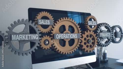 A conceptual representation of business functions with gears illustrating departments like Marketing, Sales, Operations, Finance, and IT on a computer screen