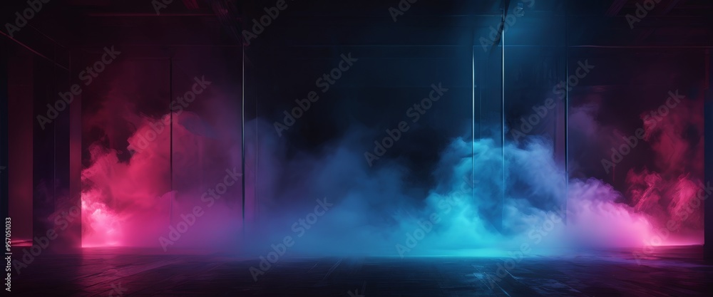 Naklejka premium dark room with smoke and neon lights