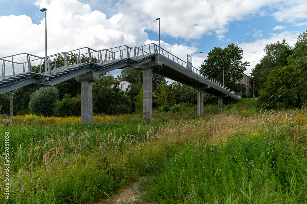 A modern pedestrian bridge spans lush greenery in an urban setting on a sunny day A modern pedestrian bridge spans lush greenery in an urban setting on a sunny day