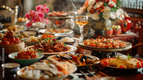 Elegant Chinese Banquet with Traditional Dishes and Ornate Table Setting in a Luxurious Restaurant