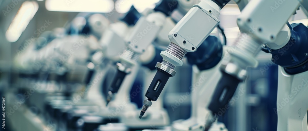 Fototapeta premium Advanced robotic arms meticulously working on an assembly line, showcasing precision and technological advancement.