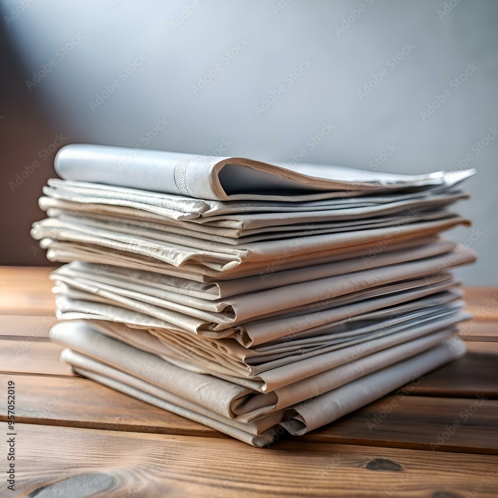 A neatly stacked pile of newspapers on a wooden table. showcasing the importance of staying informed and the volume of news we consume daily. A neatly stacked pile of newspapers on a wooden table. showcasing the importance of staying informed and the volume of news we consume daily.