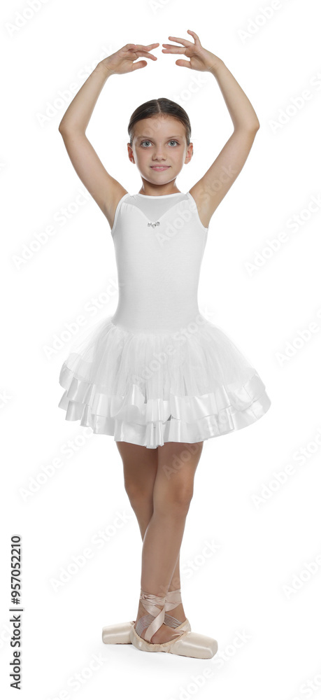 Naklejka premium Little ballerina practicing dance moves on white background