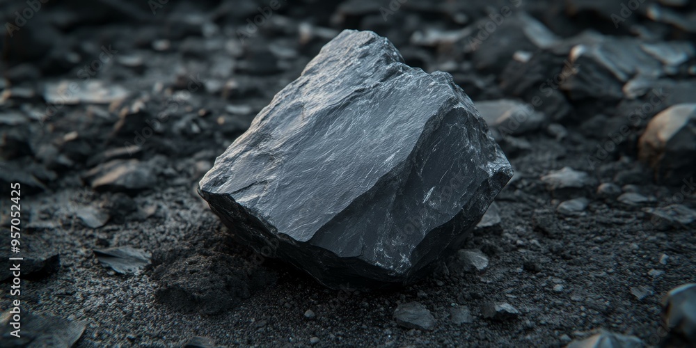 Fototapeta premium A large black rock sits on a bed of smaller