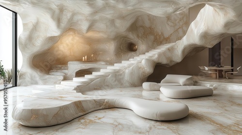 luxurious white and gold marble surface transforming into abstract art installation fluid forms gallerylike interior setting photo