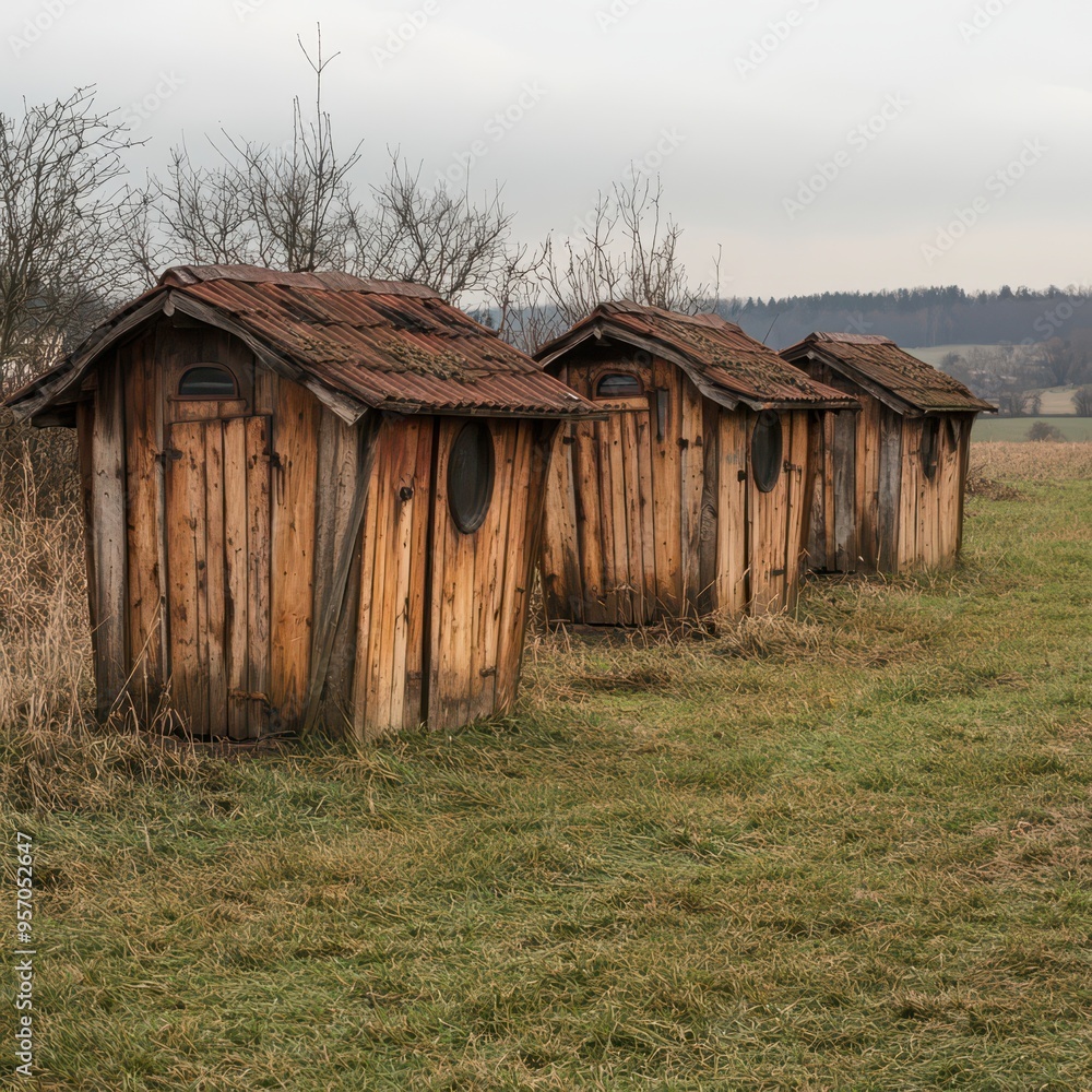 Rustic wooden sheds lined up in a field during a cloudy afternoon Rustic wooden sheds lined up in a field during a cloudy afternoon