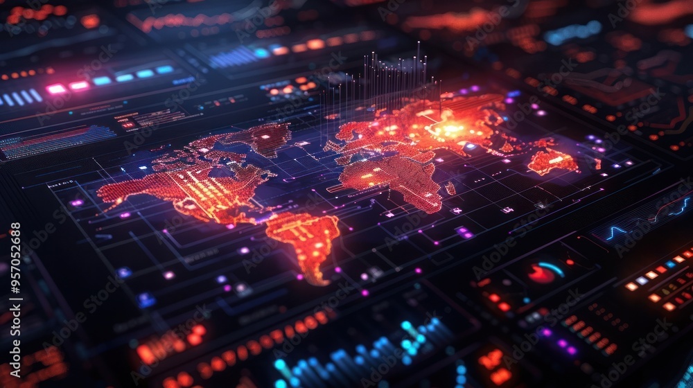 Vibrant global digital network technology background with futuristic circuit board data and interface  Colorful bright abstract design showcasing the power of modern connectivity information