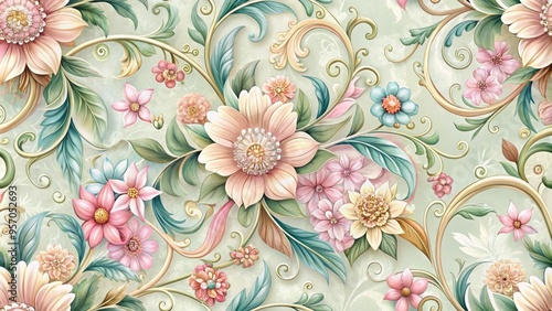 Intricate ornate floral pattern featuring delicate blossoms and leaves in soft pastel hues, adorned with ornamental swirls and curls, creating a whimsical, romantic atmosphere.