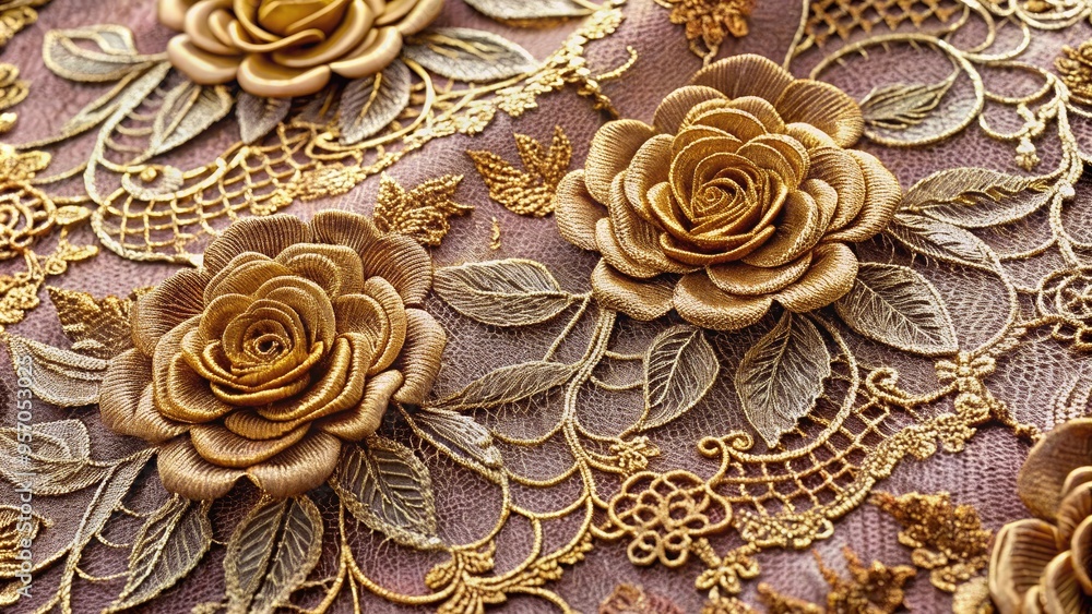 Intricate rose-patterned lace with gold embossed accents adorns a luxurious fabric, showcasing opulent textures and elegant detailing in a refined, sophisticated aesthetic. Intricate rose-patterned lace with gold embossed accents adorns a luxurious fabric, showcasing opulent textures and elegant detailing in a refined, sophisticated aesthetic.