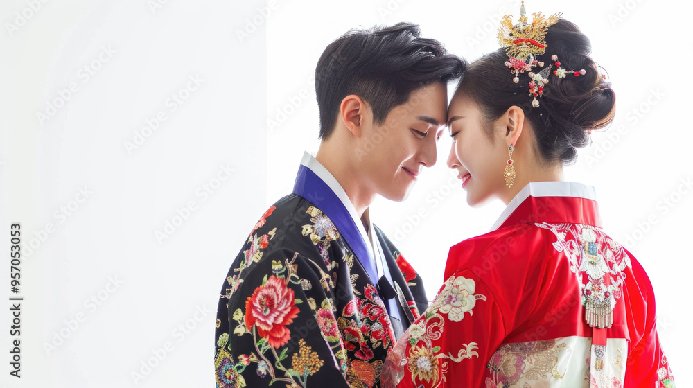 Traditional Korean Wedding Couple in Hanbok Embracing with Joyful Expressions and Elegant Attire Traditional Korean Wedding Couple in Hanbok Embracing with Joyful Expressions and Elegant Attire