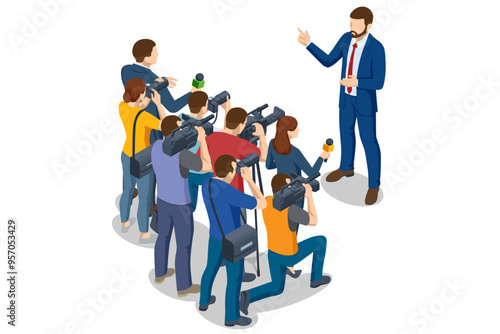 Isometric TV studio. Politician Addresses an Election Campaign Rally. Expert Talk Politics, Science, News, Entertainment. Show production maker.
