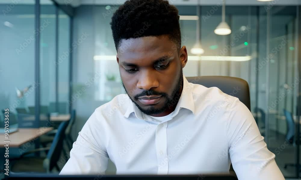 Angolan Man Concentrating on Work in Modern Office Angolan Man Concentrating on Work in Modern Office