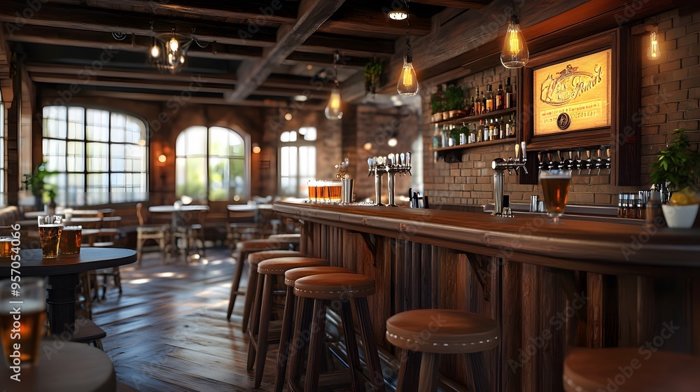 A rustic pub interior with warm wood textures and 3D-rendered craft beers served with gourmet tapas A rustic pub interior with warm wood textures and 3D-rendered craft beers served with gourmet tapas