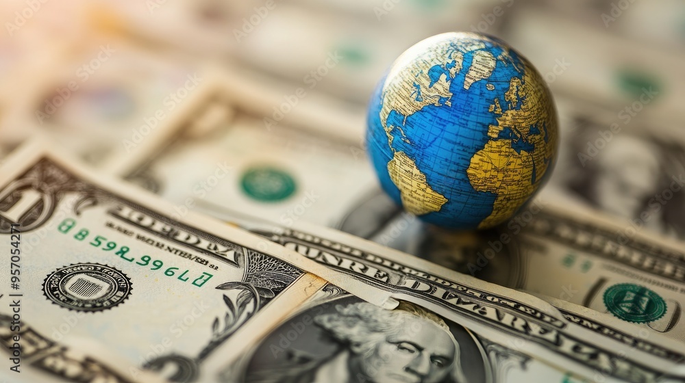 Close-up of US currency with a miniature globe, symbolizing global financial markets and international trade Close-up of US currency with a miniature globe, symbolizing global financial markets and international trade