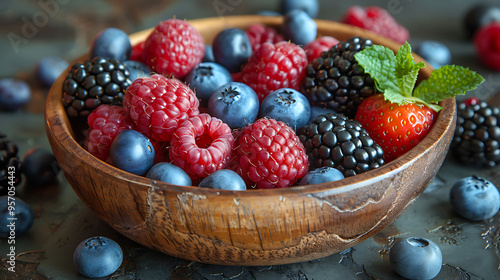 Assortment of colorful berries in a wooden bowl, rich in antioxidants, brain health focus.