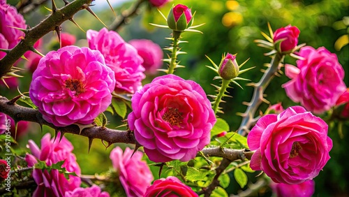 Lush, vibrant pink roses bloom amidst a tangled, prickly thorn-laden bush, evoking a sense of beauty and danger in a gorgeous, whimsical outdoor setting. photo