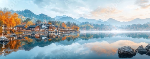 In an autumn day, a mysterious mountain lake with turquoise water looks beautiful reflecting the mountains and autumn foliage. Panoramic view. photo