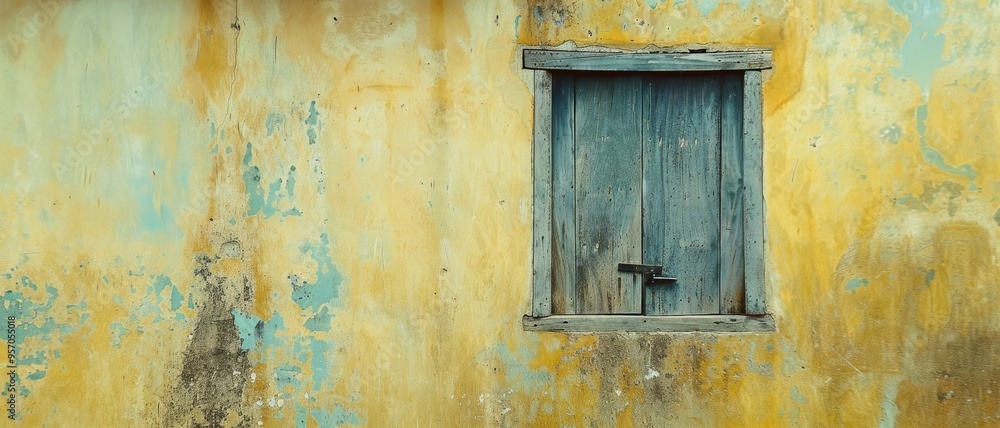 Close-up of a weathered, rustic wooden shutter framed by a vibrant, textured yellow wall, embodying aged charm and character. Close-up of a weathered, rustic wooden shutter framed by a vibrant, textured yellow wall, embodying aged charm and character.