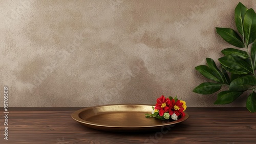 Brass puja thali, decorated with flowers, 3D illustration photo