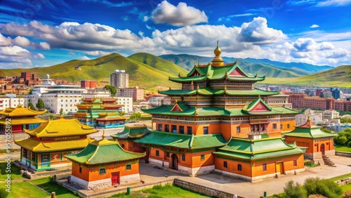 Vibrant Buddhist monastery, Gandan Tekchenling, stands amidst sprawling urban landscape, with rolling hills and blue sky, in Ulaanbaatar, Mongolia's capital city, showcasing cultural heritage. photo